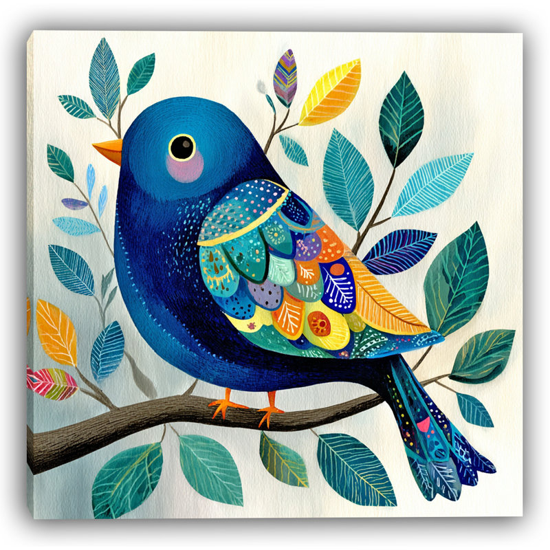 Fantaisie à plumes - Art d'oiseau coloré sur une branche, 16" H x 24" W