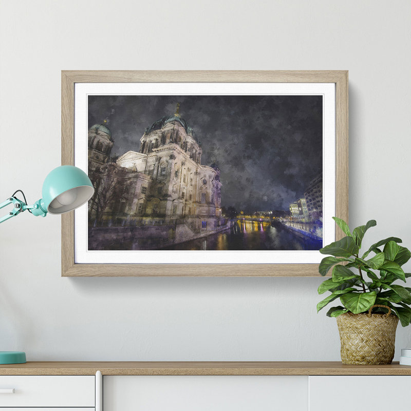 Berlin Cathedral In Germany Painting - Single Picture Frame Print on MDF, 24cm H x 33cm W x 2cm D, Oak