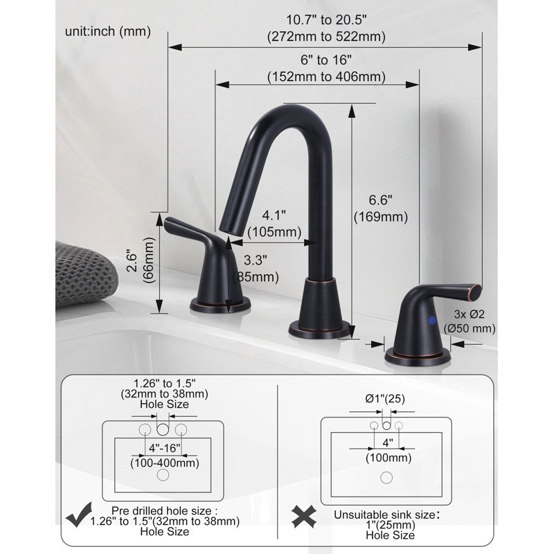 Robinet de salle de bain à 2 poignées avec drain, Bronze huilé