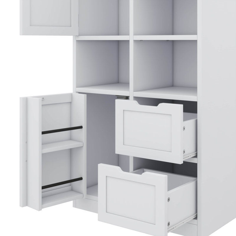 Armoire de rangement autoportante avec portes, tiroirs, tablette ouverte et tablette réglable pour plusieurs espaces de rangement