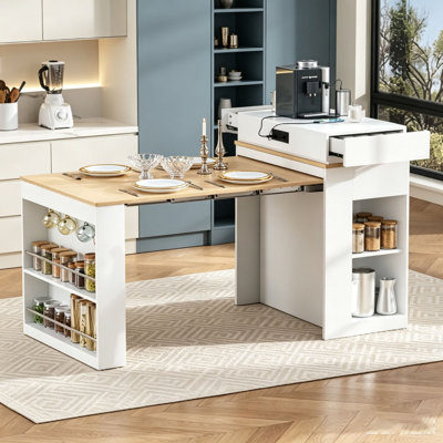 Table de salle à manger extensible avec plateau pliable, table de bar avec tiroirs et prise de courant, îlot de cuisine avec roulettes et crochets