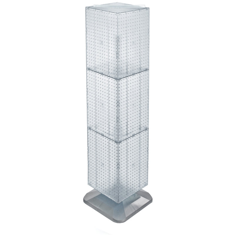 Présentoir de plancher à quatre côtés en panneau perforé sur base pivotante. Support à roulettes. Taille du panneau: l 14 po x H 60 po