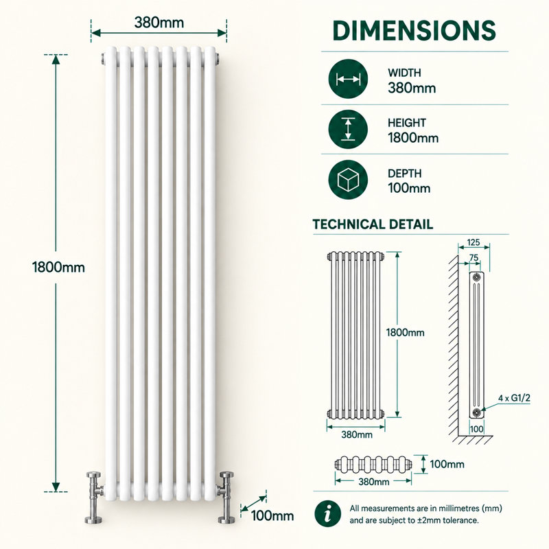 Uxbridge Vertical Traditional Colosseum Radiator, 1800mm H x 380mm W x 130mm D, White