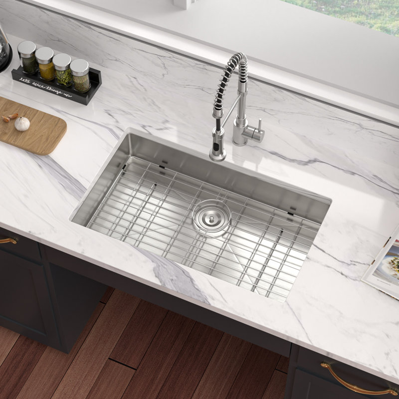 30 Inch ADA Undermount Kitchen Sink 16 Gauge Stainless Steel Single Bowl Sink with Sink Grid and Drain Assembly