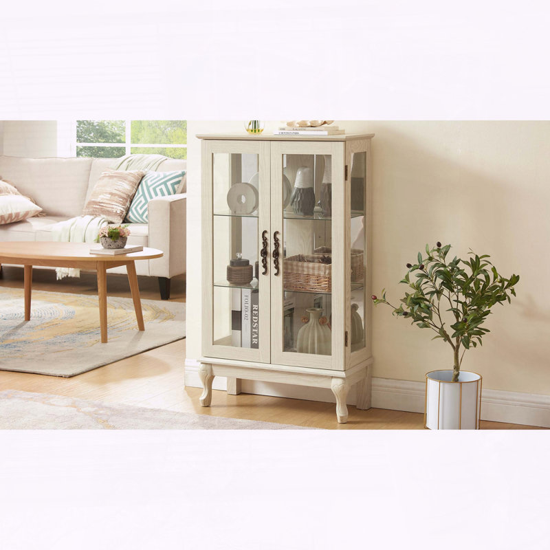 Curio Cabinet with Tempered Glass Doors, Mirrored Back, and Adjustable Shelves, White