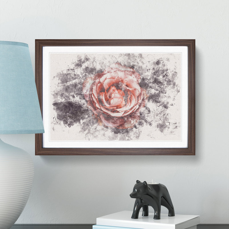 Pink Tipped Rose Flower - Framed Print, 24cm H x 33cm W x 2cm D, Walnut Framed