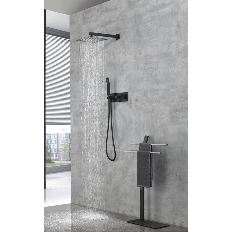 10 Inch Rainfall Shower Faucet - Matte Black Brass Bathroom With Handheld , Luxury Rain Mixer , Wall Mounted, Rough-In Valve, Self-Cleaning Nozzle Included Head 10" Valve Included,
