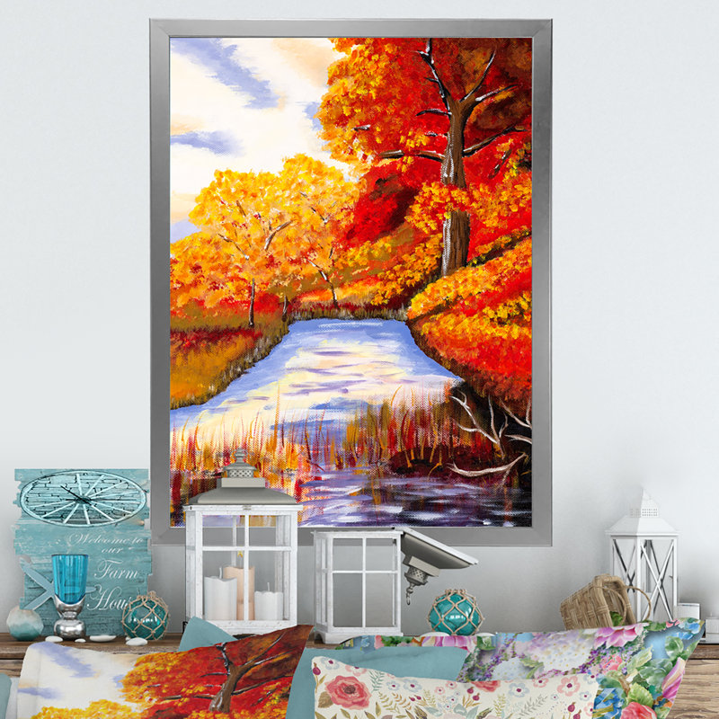 Vue de campagne pendant l'automne - peinture sur toile, Toile avec cadre photo argenté, H 20 po x l 12 po x P 1 po