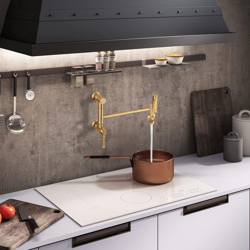 Wall Mounted Brass Two Handles Pot Filler Faucet, Brushed Gold