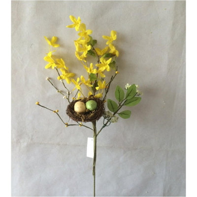 Yellow Forsythia Stem With Eggs In A Nest Artificial Flower