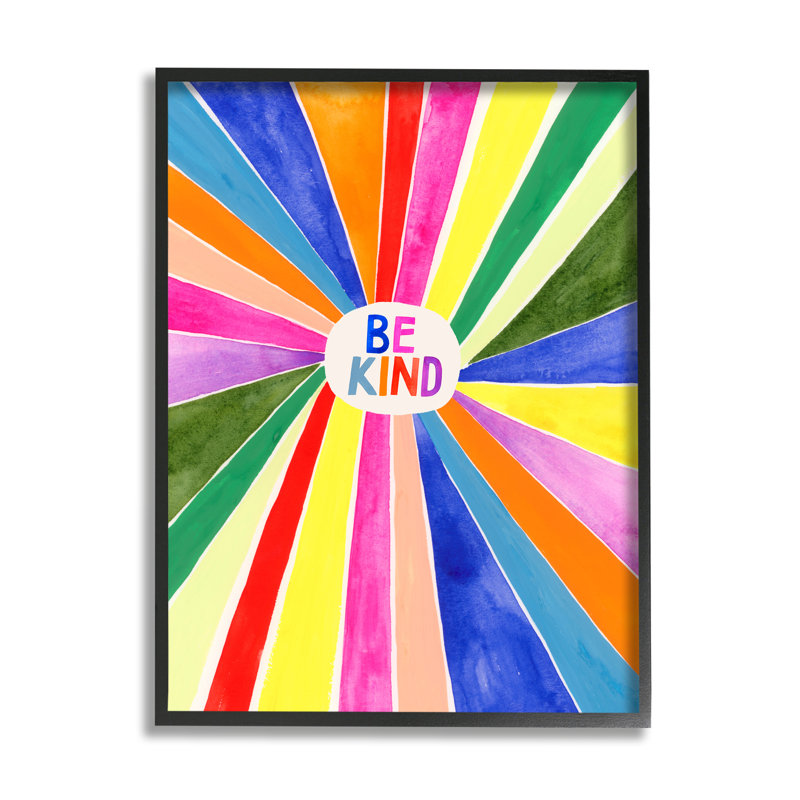 «Be Kind Expression Rainbow Stripe Burst» par Victoria Barnes - reproduction d'art, Cadre noir, H 14 po x l 11 po x P 1,5 po