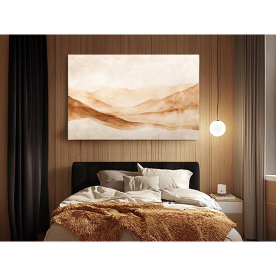 Reproduction d'art sur toile, paysage de montagne beige tranquille - aquarelle minimaliste avec des tons terreux