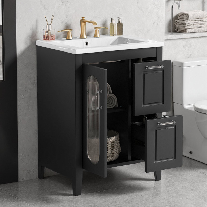 Meuble-lavabo 24 po avec lavabo en céramique, armoire en bois massif, porte en verre Moru et deux tiroirs, noir, Noir