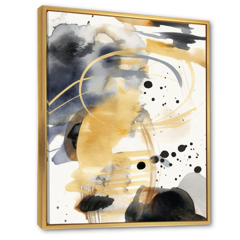 Abstrait pastel avec taches bleues et dorées sur fond noir, H 20 po x l 12 po x P 1 po, Cadre flottant doré