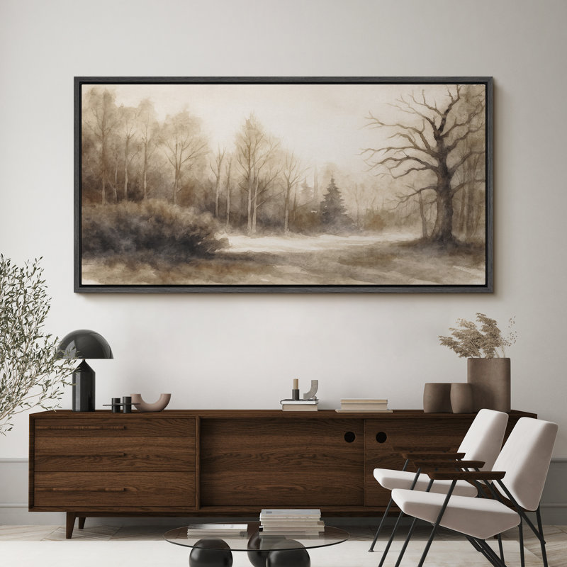 Neutral Toned Forest Landscape Artwork Extra Large Pictures Framed Canvas Print Wall Art, Black, 30" H x 60" W