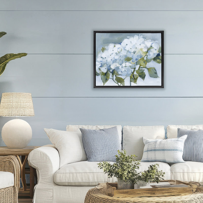 Cadre flottant Blue Spring Cottage Hydrangeas, design par Katrina Pete, Cadre flottant noir de jais, H 17 po x l 21 po