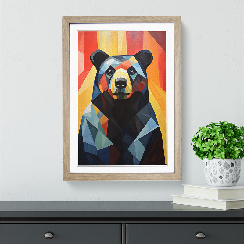 Bear Cubism Art - Framed Print, 64cm H x 46cm W, Oak Framed