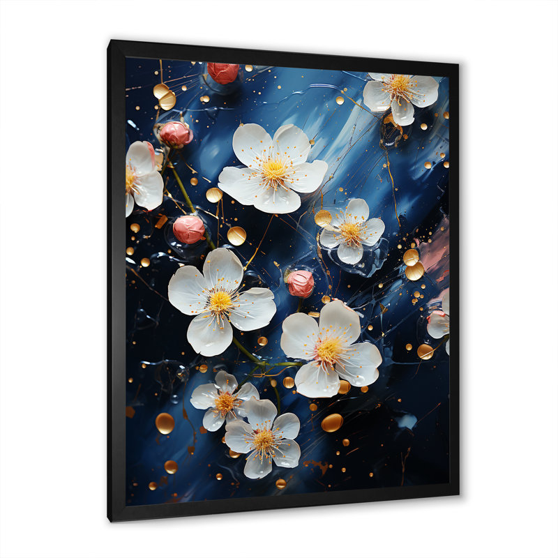 Fleurs de cerisier blanches et bleues I - Art mural cerisier en fleurs, Cadre simple noir, H 20 po x l 12 po x P 1 po
