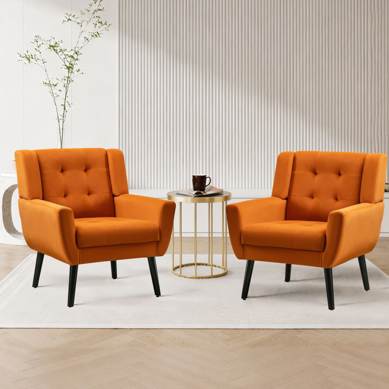 Tufted Upholstered Wide Back Armchair（Set of 2）, Orange Velvet