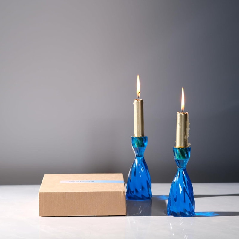 Blue Twizzle Twist Taper Candle Holders Set Of 2