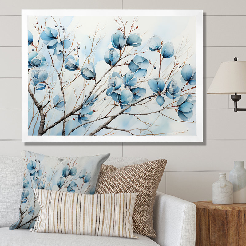 Décoration murale bleue et grise «Bloom» - feuilles, Cadre simple blanc, H 16 po x l 32 po x P 1 po