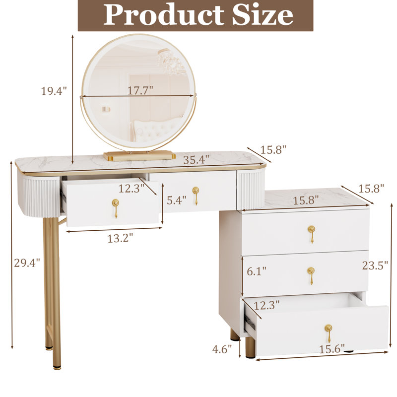 Makeup Vanity Desk with Mirror and Lights, White