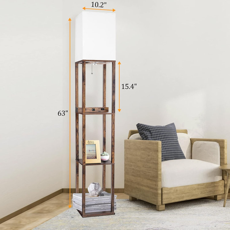 Floor Lamp With Shelves, Wireless Charger, USB A+C Ports, 2 AC Outlets, 3 Color Temperature LED Bulb For Living Room, Bedroom, Office
