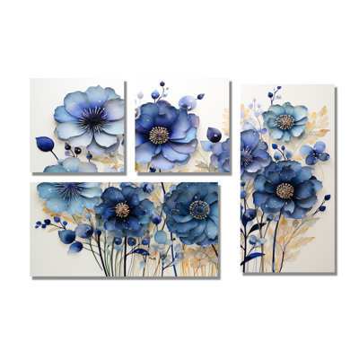 «Blue Charming Cornflowers Pointillism I», ensemble de 4 fleurs murales sur toile