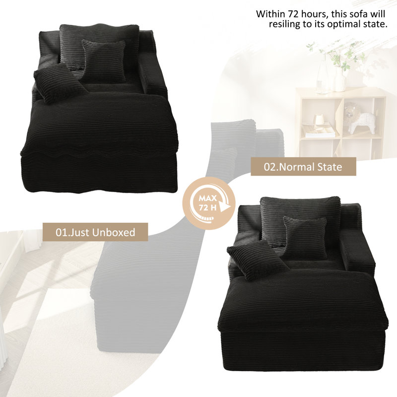 Chaise Lounge Chair with Armrests for Living Room, Floor Lounge Sofa with Movable Pillows & Side Pockets, Corduroy, Black