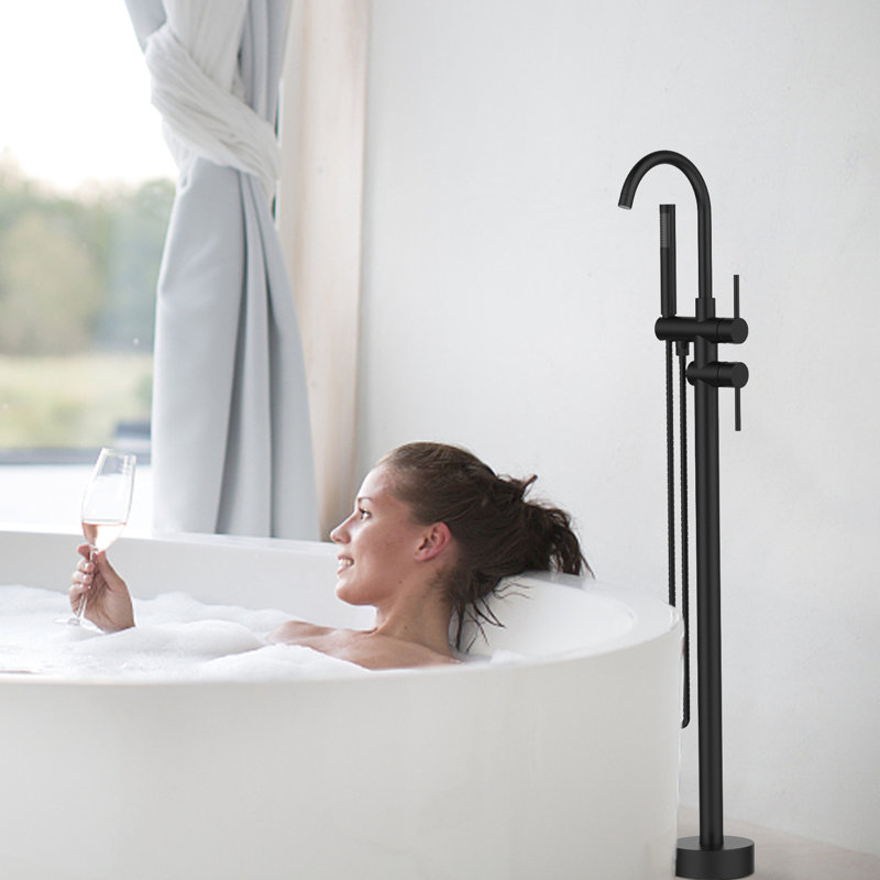 Robinet de baignoire à fixation au sol noir mat - avec douche à main et pièces métalliques en laiton massif