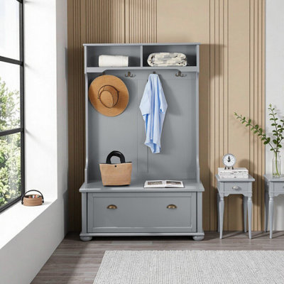 Elegant Gray Entryway Hall Tree Bench with Shoe Storage and Coat Hooks