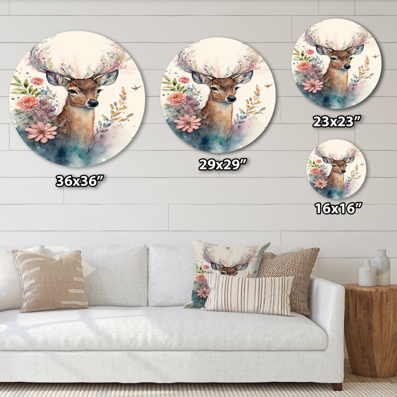 Mignon petit cerf avec fleurs roses - animaux, art en métal rond, H 29 po x l 29 po