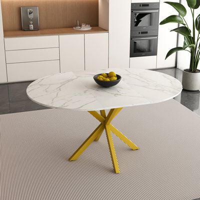 Modern and simple round dining table with extendable blades, carbon steel X-shaped base, sturdy and durable, suitable for restaurants, small apartments and kitchens (can accommodate 4-6 people)