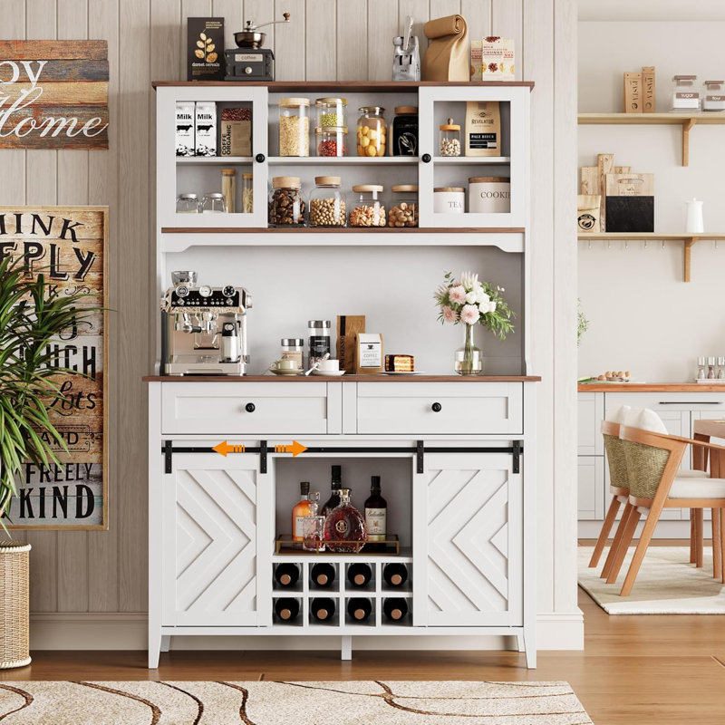 72" Sliding Barn Door High Bar Cabinet Farmhouse, Large Kitchen Buffet with Hutch Wine Storage, Charging Station, 2 Drawers, 8 Storage Shelves, LED Rustic Coffee Bar for Dining