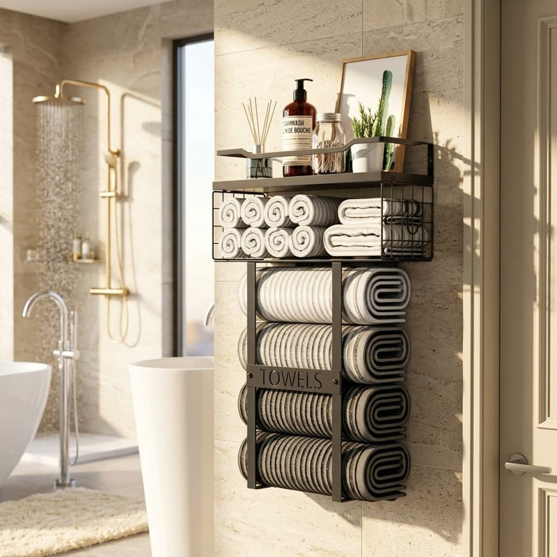 Porte-serviettes mural noir avec tablette en bois et panier en métal pour petite salle de bain