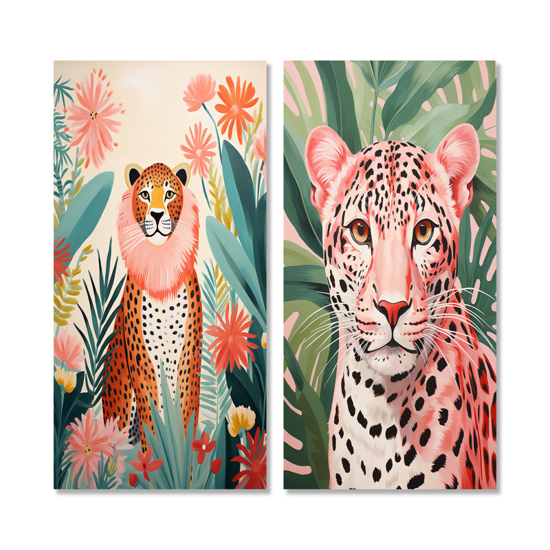 «Green and Pink Leopard Tropical Elegance IV», ensemble de 2 reproductions d'art sur toile léopard, Toile tendue