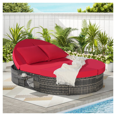 Red Round Outdoor Daybed with Adjustable Backrest and Weather-Resistant Cushions