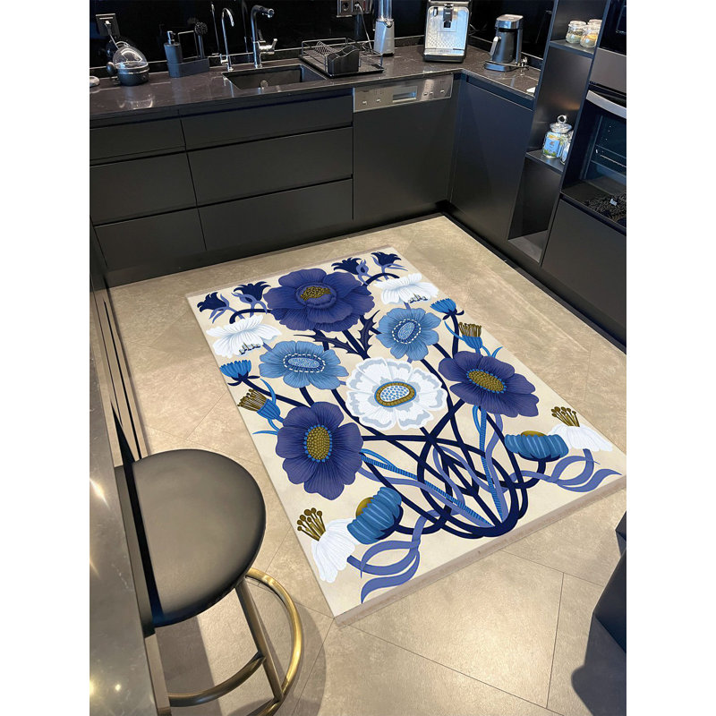 Tapis décoratif bleu à motif floral beige à motif floral de la collection Barcelona, Rectangle 4 pi 11,06 po x 9 pi 10,11 po