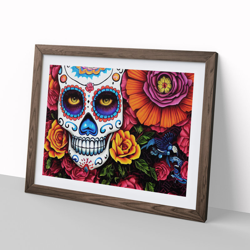 Shining Floral Sugar Skull - Single Picture Frame Print, 25cm H x 34cm W x 2cm D, Walnut