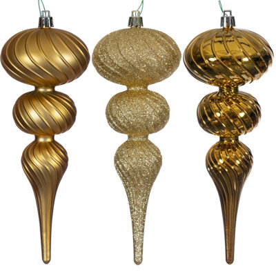 Vickerman 8" Swirl Finial Ornament Assortment. Two matte, two shiny, and two glitter.
