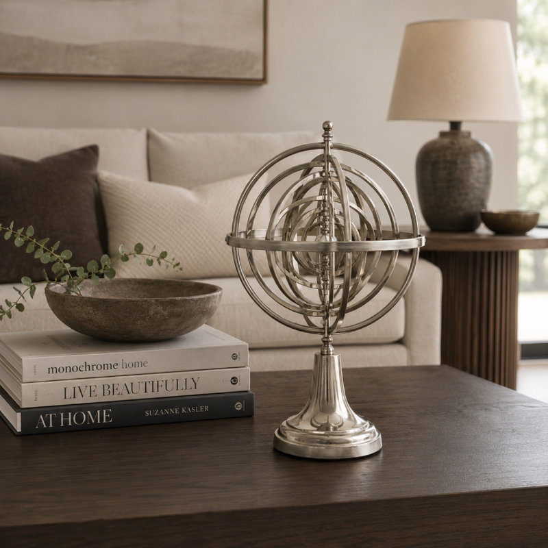 Tabletop Decor, Armillary Sphere w Globe, Polished Silver Metal 15 Inch