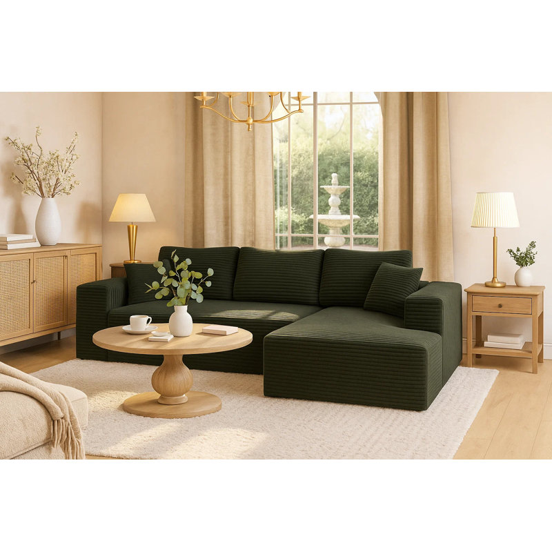 Canapé modulaire en velours côtelé 2 pièces 104 po avec méridienne 104 po côté droit - revêtement vert olive