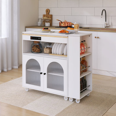 Chariot de cuisine pour îlot de cuisine en bois d'hévéa de 56,3 po avec prises de courant et lumières DEL