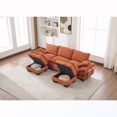 Upholstered Sectional Sofa with Ottoman and USB ports