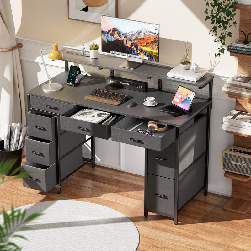 Metal Base Computer Desk with Power Outlet, Black/Black