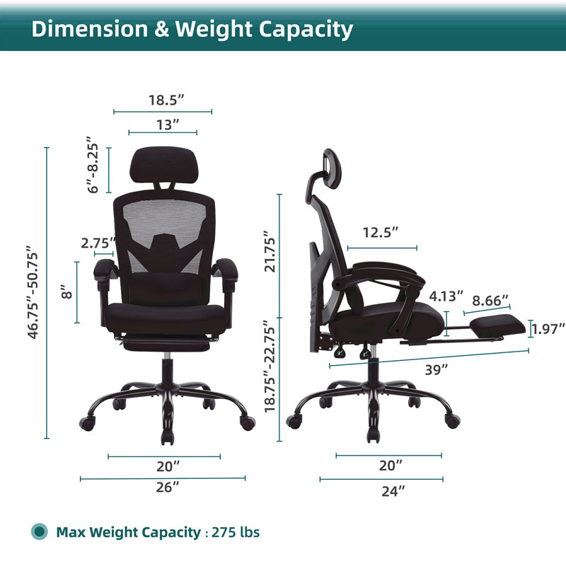 Retractable Footrest Ergonomic Swivel Office Chair, Black