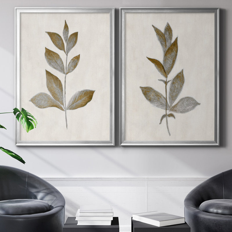 Bronze Leaf I - ensemble de 2 reproductions, Toile encadrée, H 18,5 po x l 49 po, Argent argent