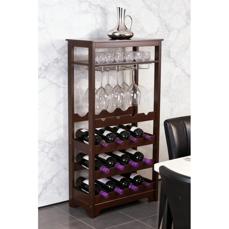 Support à vin de 16 bouteilles avec porte-verres à pied et tablette de rangement, armoire de bar compacte pour verres à vin, cognac et whisky, fabrication en bois d'ingénierie durable