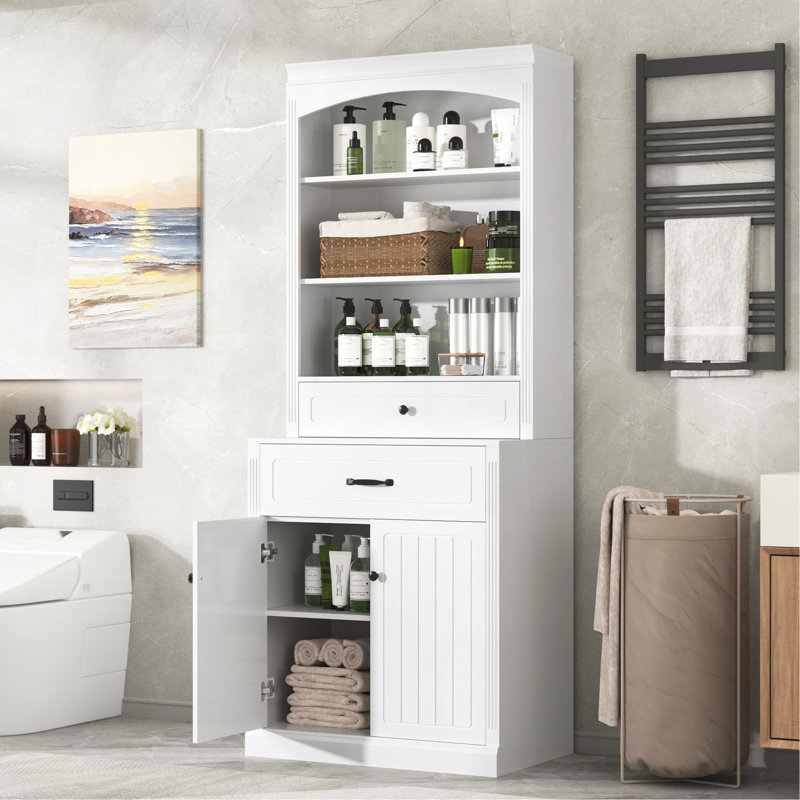 Armoire de rangement blanche avec quatre portes, tiroirs, tablette réglable et six tablettes ouvertes