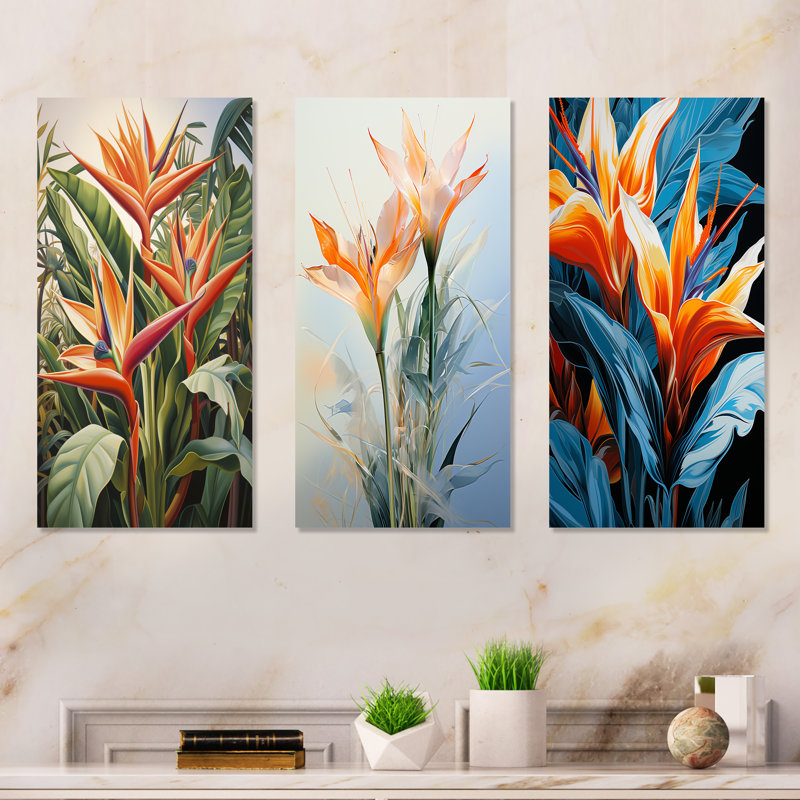Oiseaux de paradis, fleurs tropicales I - Ensemble d'oiseaux de paradis en métal, ensemble de 3, H 28 po x l 36 po